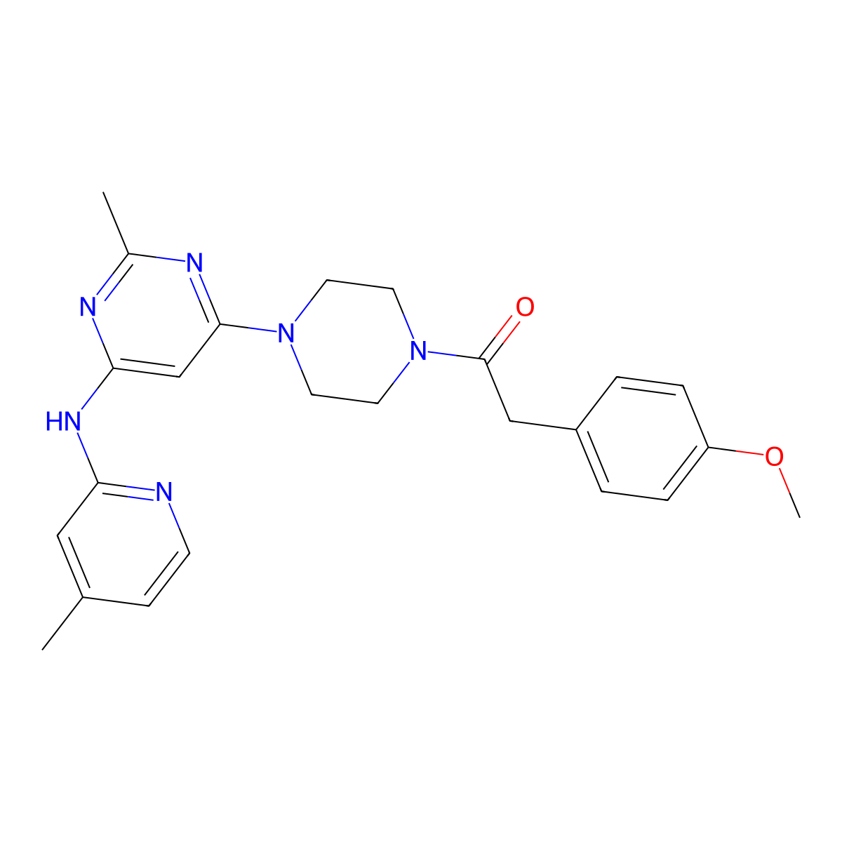 2-(4-Methoxyphenyl)-1-(4-(2-methyl-6-((4-methylpyridin-2-yl)amino)pyrimidin-4-yl)piperazin-1-yl)ethanone molecular structure, CAS 1428357-31-6