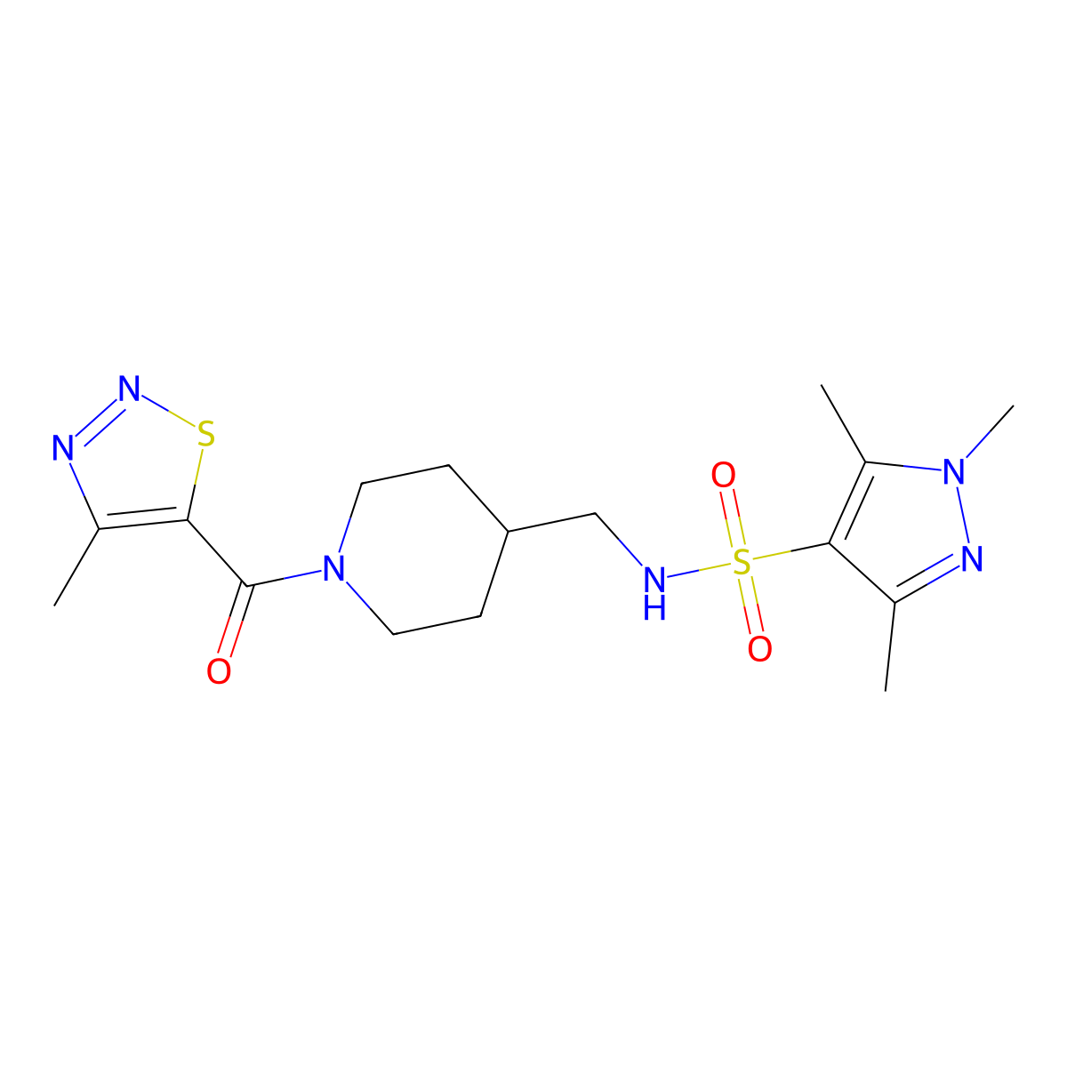 1,3,5-trimethyl-N-((1-(4-methyl-1,2,3-thiadiazole-5-carbonyl)piperidin-4-yl)methyl)-1H-pyrazole-4-sulfonamide molecular structure, CAS 1428357-39-4