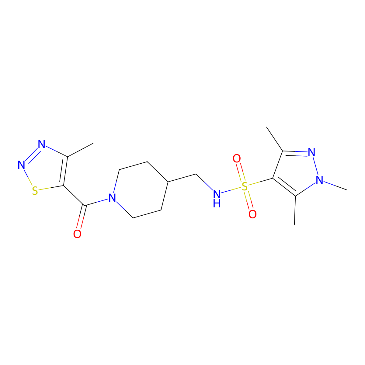 1,3,5-trimethyl-N-((1-(4-methyl-1,2,3-thiadiazole-5-carbonyl)piperidin-4-yl)methyl)-1H-pyrazole-4-sulfonamide molecular structure, CAS 1428357-39-4