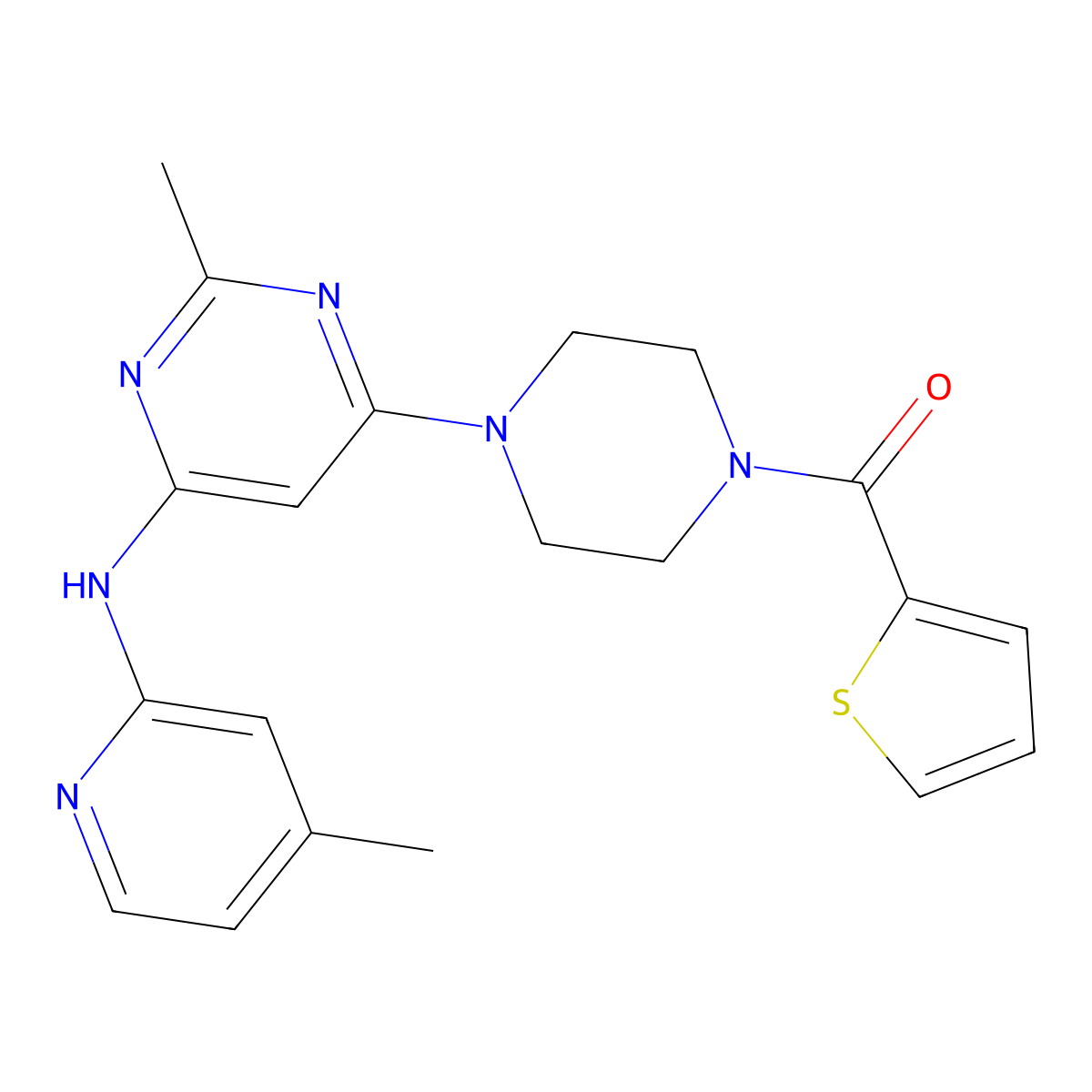 (4-(2-Methyl-6-((4-methylpyridin-2-yl)amino)pyrimidin-4-yl)piperazin-1-yl)(thiophen-2-yl)methanone molecular structure, CAS 1428357-44-1
