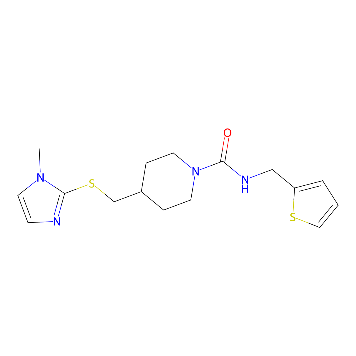 4-(((1-methyl-1H-imidazol-2-yl)thio)methyl)-N-(thiophen-2-ylmethyl)piperidine-1-carboxamide molecular structure, CAS 1428357-45-2