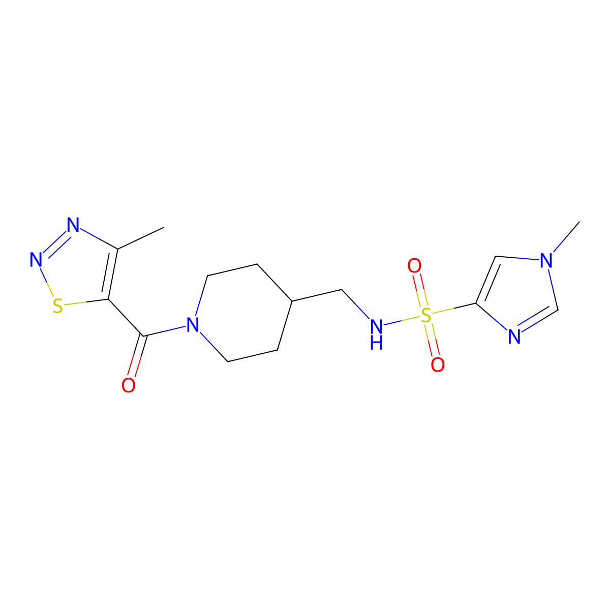 1-methyl-N-((1-(4-methyl-1,2,3-thiadiazole-5-carbonyl)piperidin-4-yl)methyl)-1H-imidazole-4-sulfonamide molecular structure, CAS 1428357-48-5