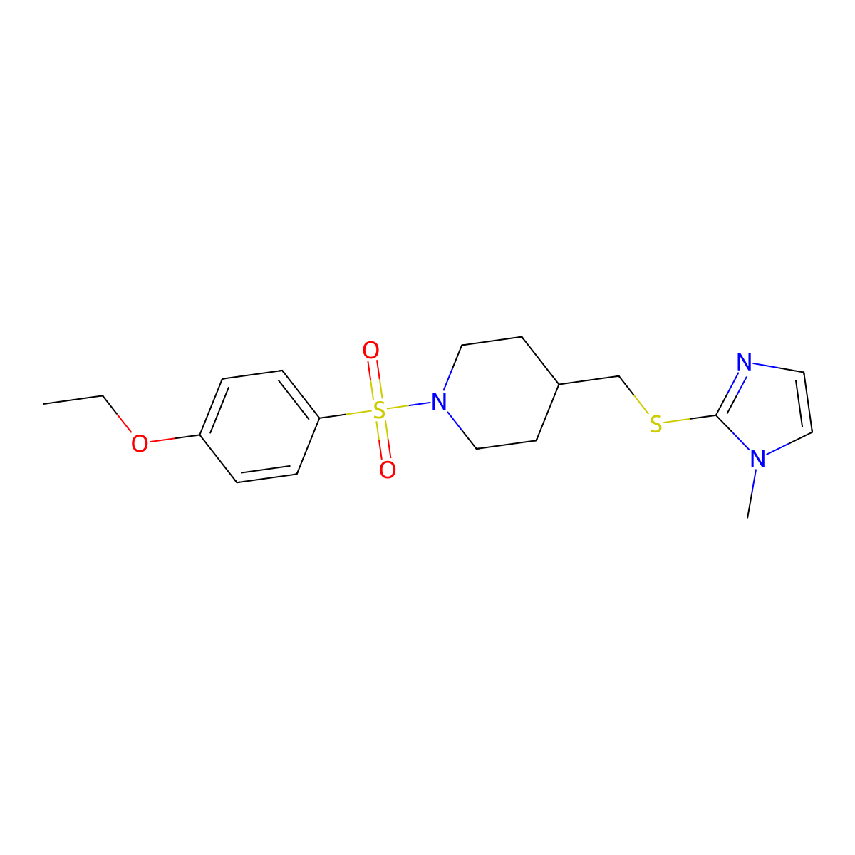 1-((4-ethoxyphenyl)sulfonyl)-4-(((1-methyl-1H-imidazol-2-yl)thio)methyl)piperidine molecular structure, CAS 1428357-58-7