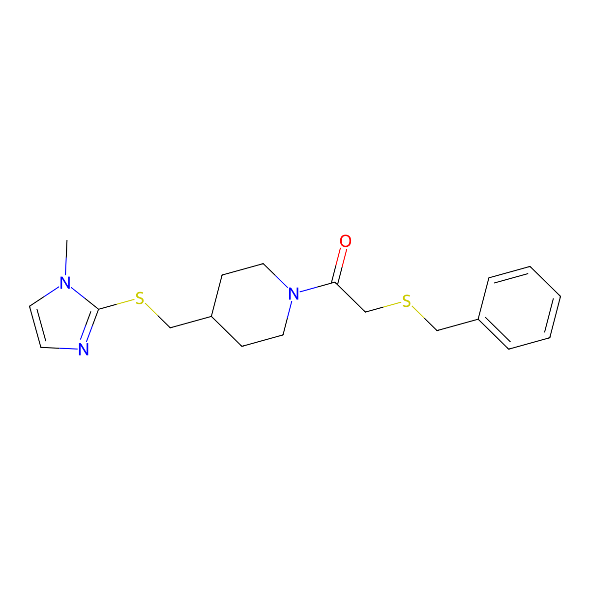 2-(benzylthio)-1-(4-(((1-methyl-1H-imidazol-2-yl)thio)methyl)piperidin-1-yl)ethanone molecular structure, CAS 1428357-64-5