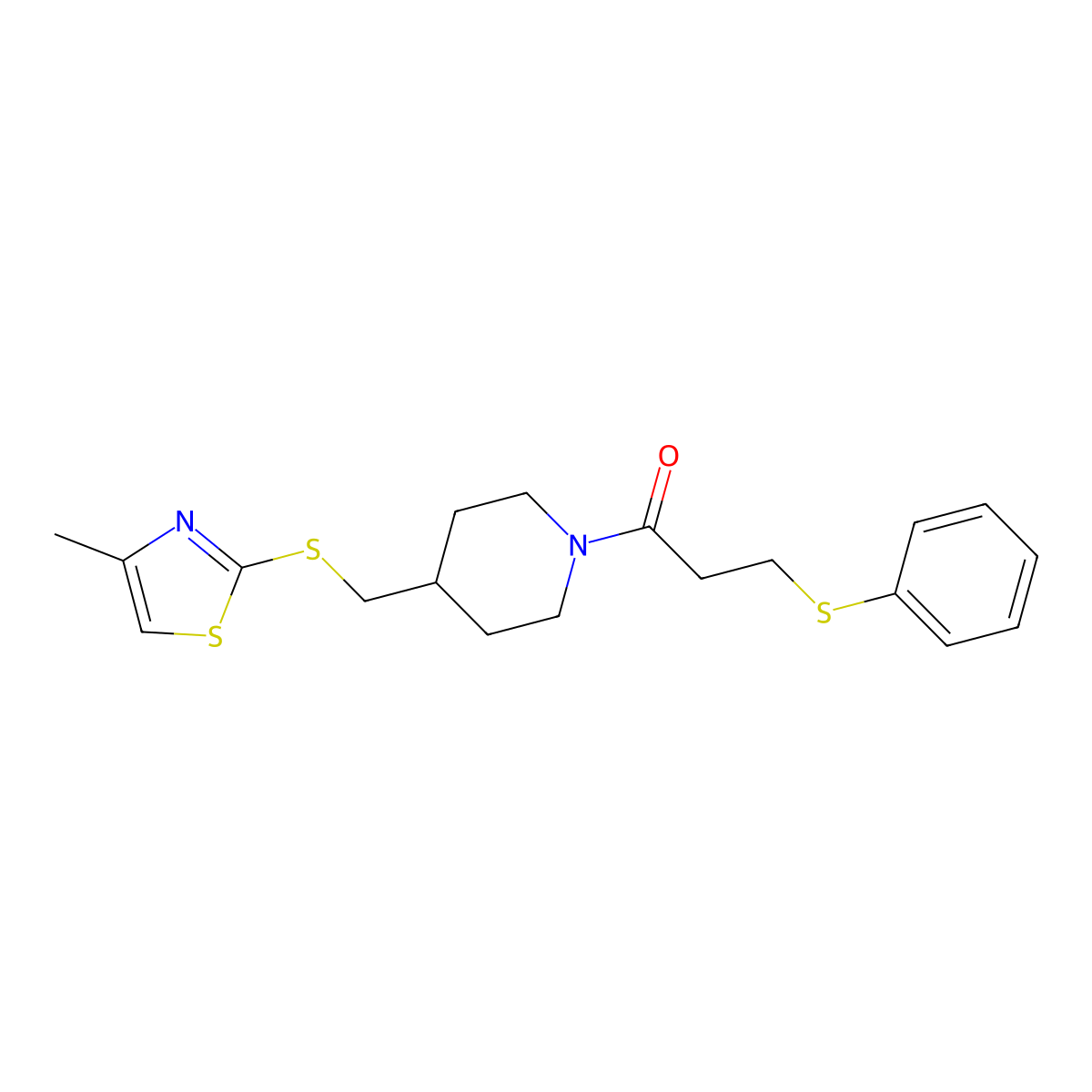 1-(4-(((4-Methylthiazol-2-yl)thio)methyl)piperidin-1-yl)-3-(phenylthio)propan-1-one molecular structure, CAS 1428357-65-6