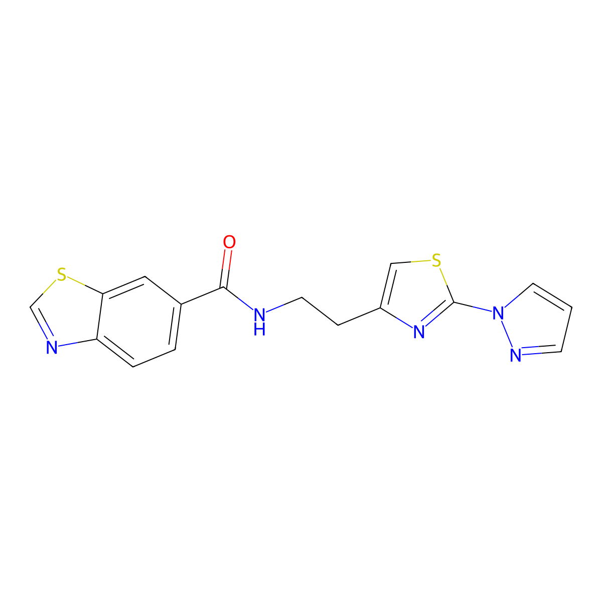 N-(2-(2-(1H-pyrazol-1-yl)thiazol-4-yl)ethyl)benzo[d]thiazole-6-carboxamide molecular structure, CAS 1428357-71-4