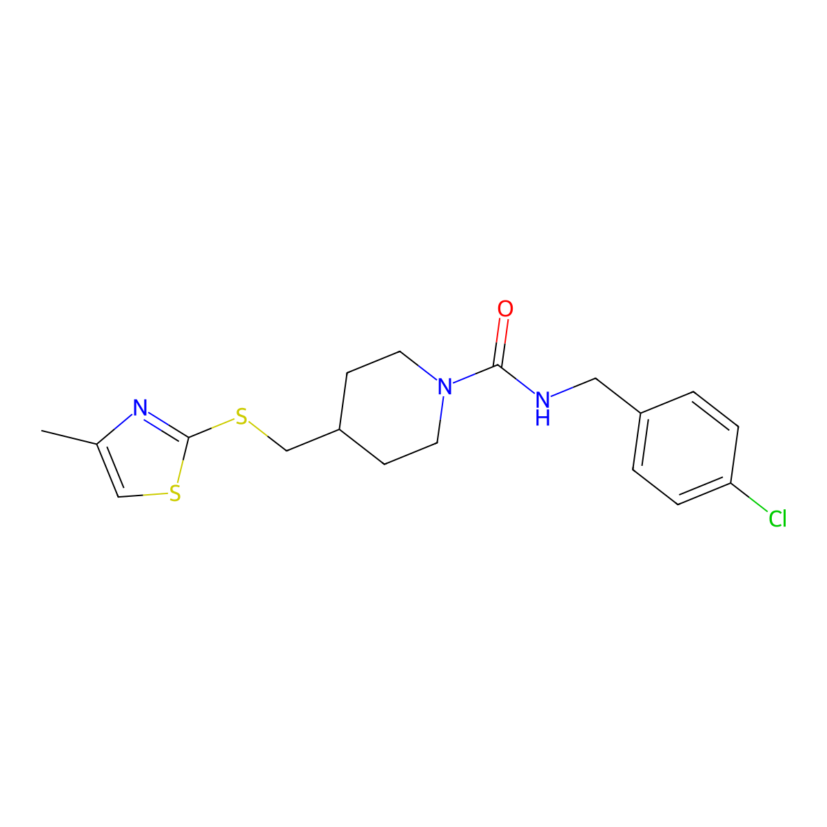 N-(4-chlorobenzyl)-4-(((4-methylthiazol-2-yl)thio)methyl)piperidine-1-carboxamide molecular structure, CAS 1428357-75-8