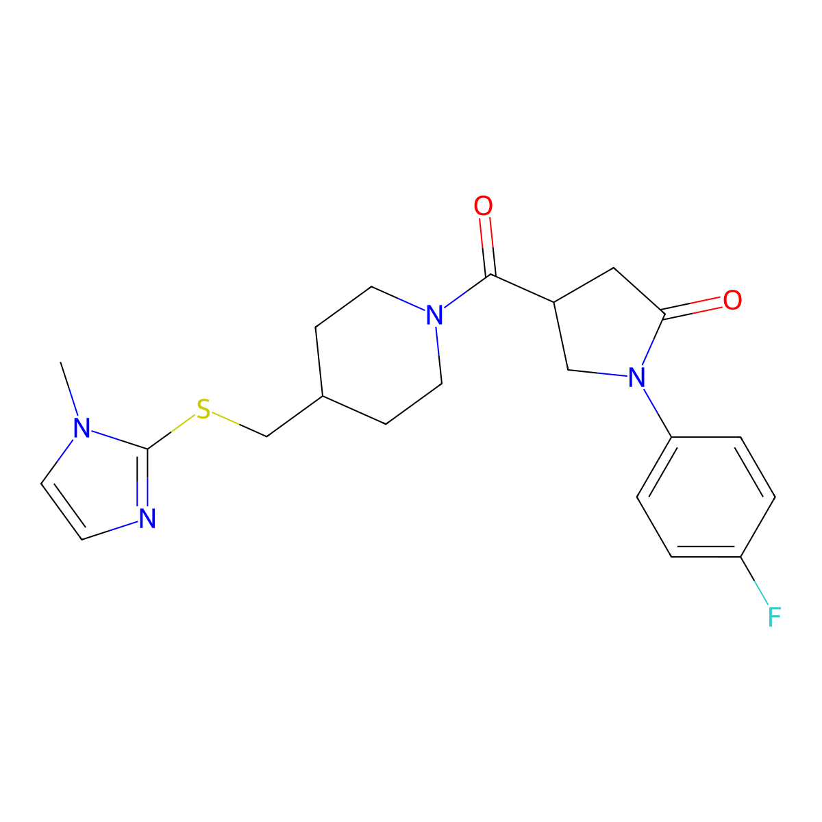 1-(4-fluorophenyl)-4-(4-(((1-methyl-1H-imidazol-2-yl)thio)methyl)piperidine-1-carbonyl)pyrrolidin-2-one molecular structure, CAS 1428357-76-9
