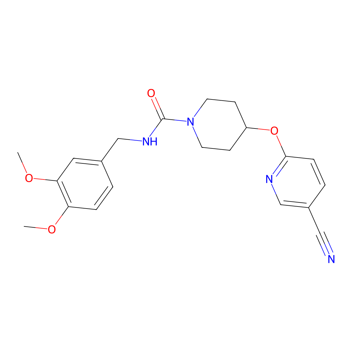 4-((5-cyanopyridin-2-yl)oxy)-N-(3,4-dimethoxybenzyl)piperidine-1-carboxamide molecular structure, CAS 1428357-77-0