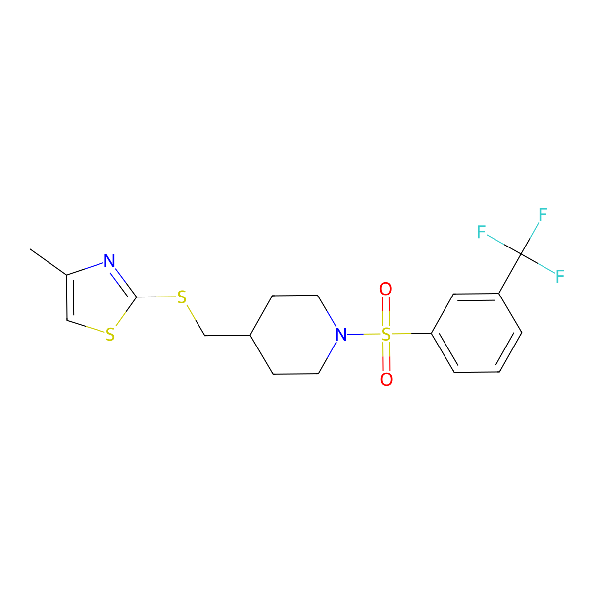 4-Methyl-2-(((1-((3-(trifluoromethyl)phenyl)sulfonyl)piperidin-4-yl)methyl)thio)thiazole molecular structure, CAS 1428357-85-0