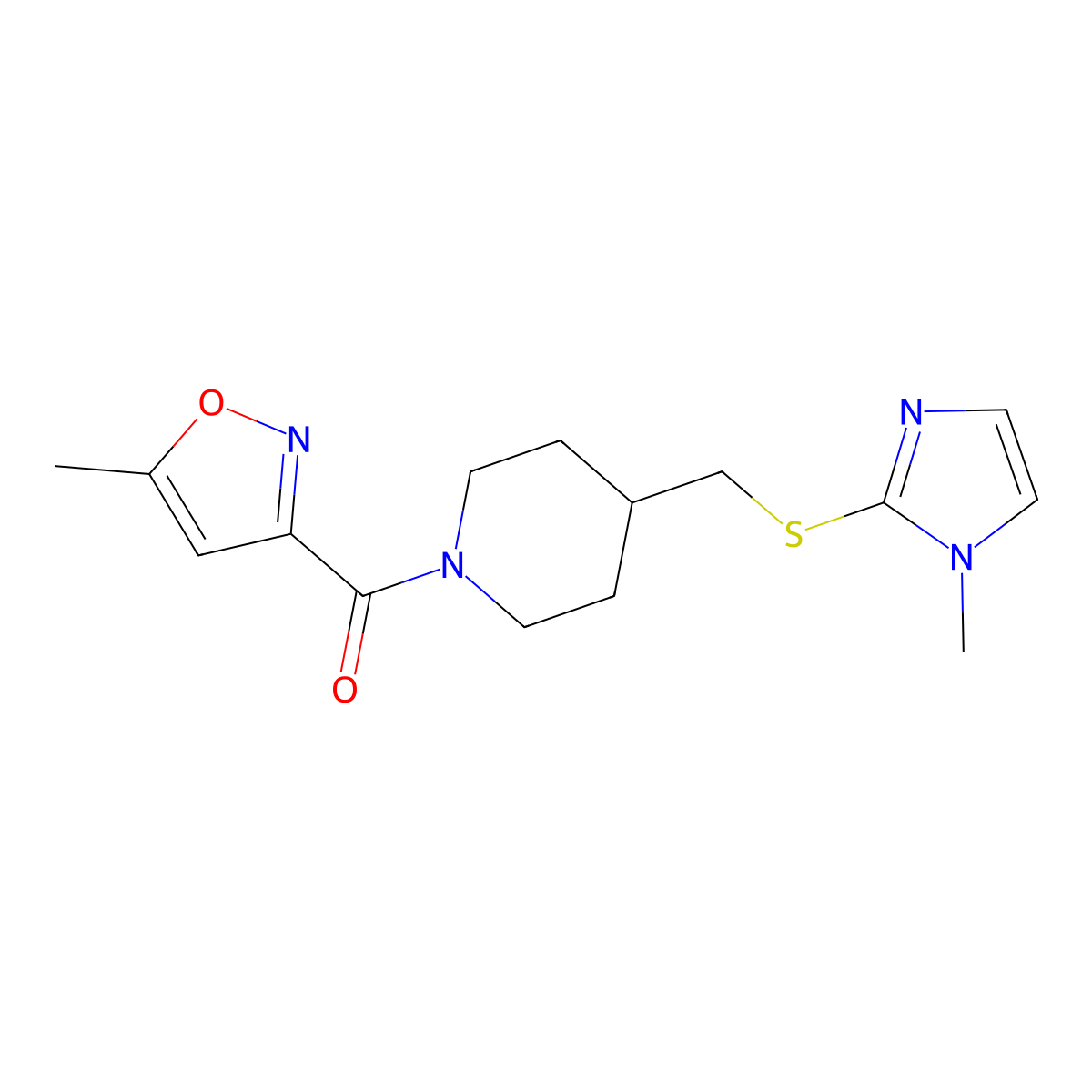 (4-(((1-methyl-1H-imidazol-2-yl)thio)methyl)piperidin-1-yl)(5-methylisoxazol-3-yl)methanone molecular structure, CAS 1428357-86-1