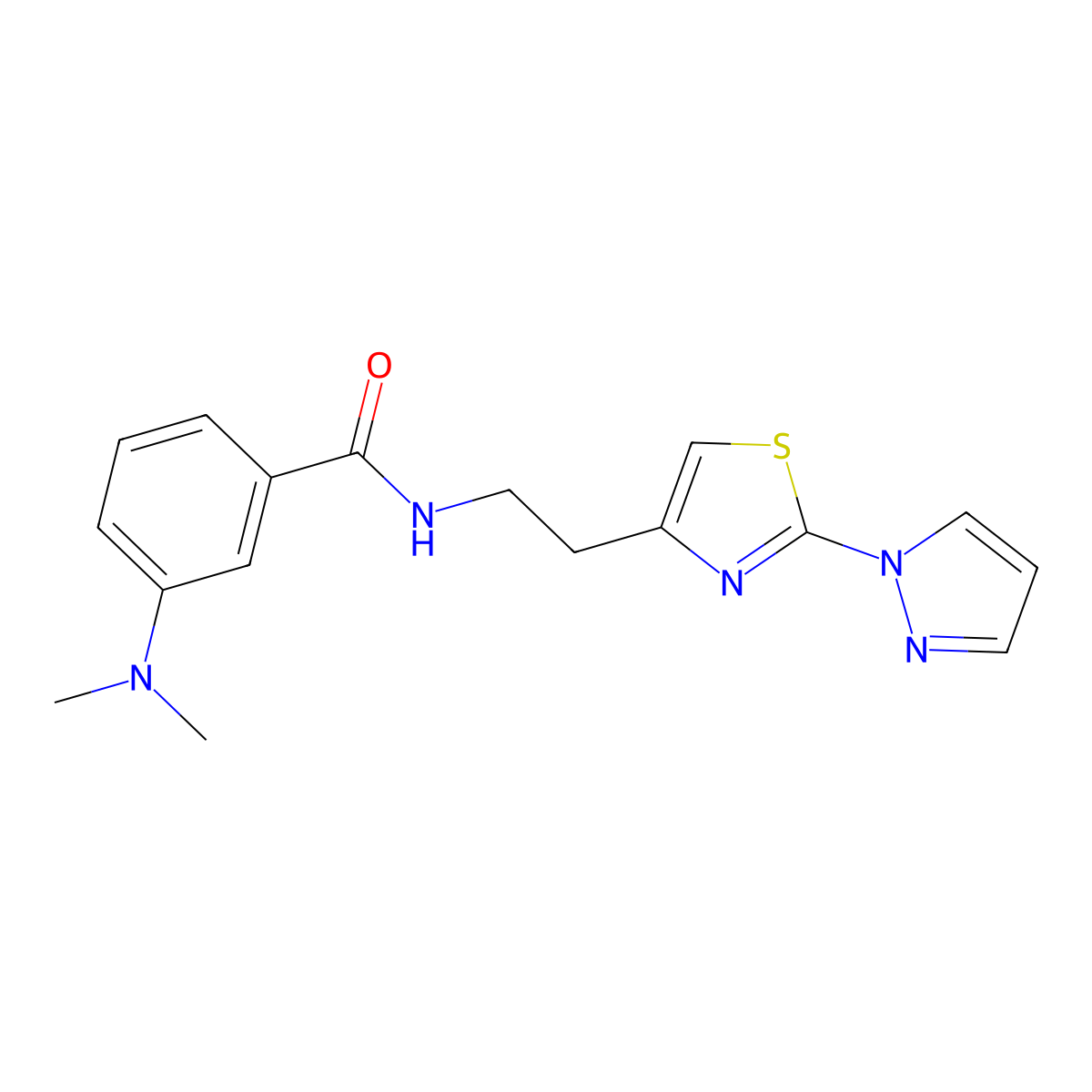 N-(2-(2-(1H-pyrazol-1-yl)thiazol-4-yl)ethyl)-3-(dimethylamino)benzamide molecular structure, CAS 1428357-88-3