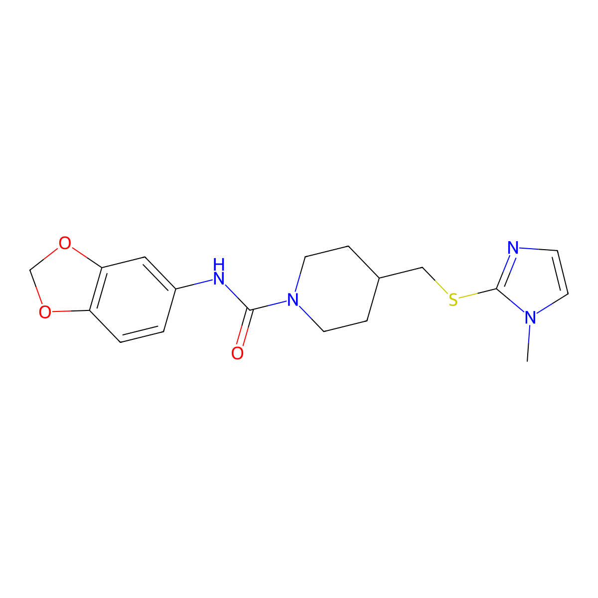 N-(benzo[d][1,3]dioxol-5-yl)-4-(((1-methyl-1H-imidazol-2-yl)thio)methyl)piperidine-1-carboxamide molecular structure, CAS 1428357-96-3