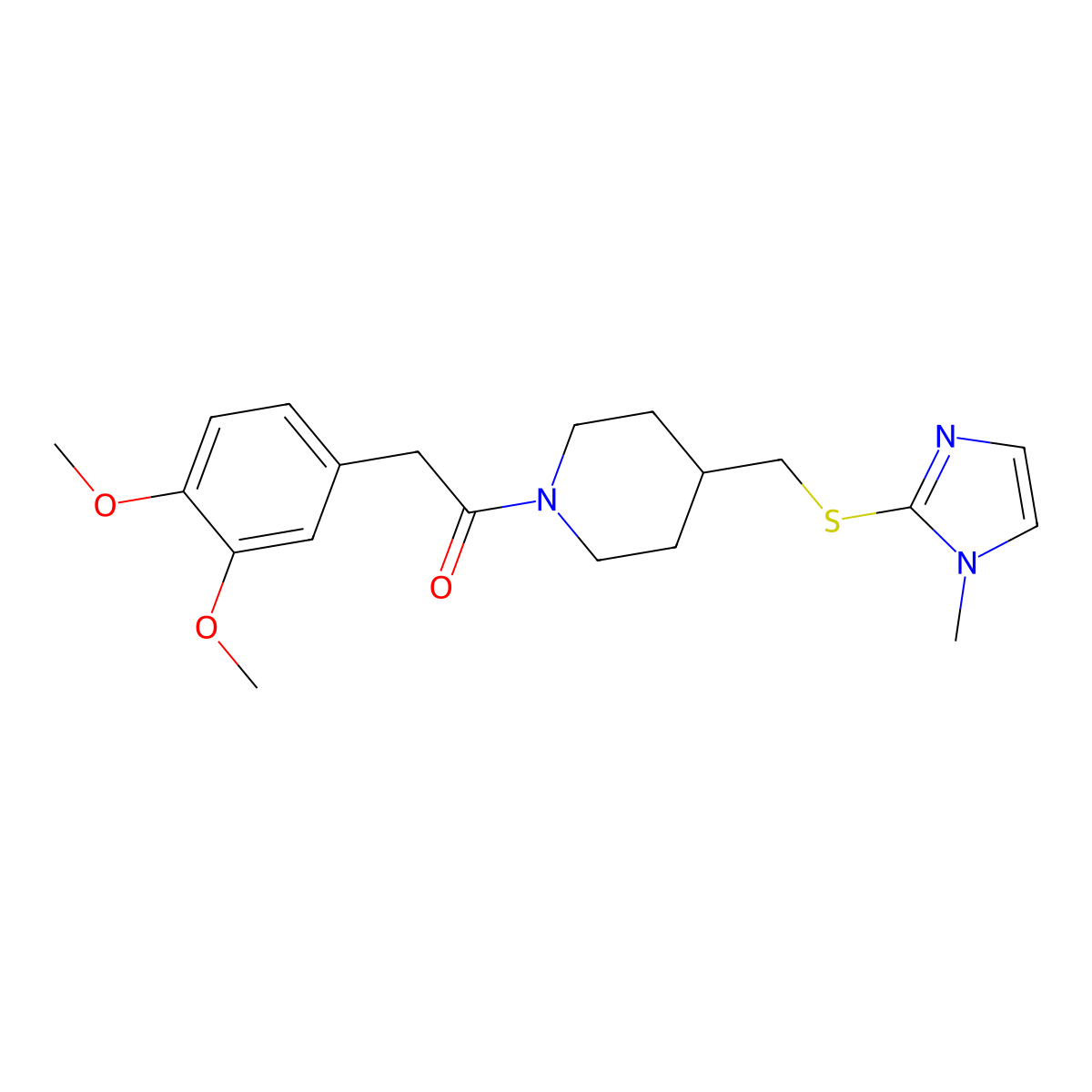 2-(3,4-dimethoxyphenyl)-1-(4-(((1-methyl-1H-imidazol-2-yl)thio)methyl)piperidin-1-yl)ethanone molecular structure, CAS 1428358-04-6