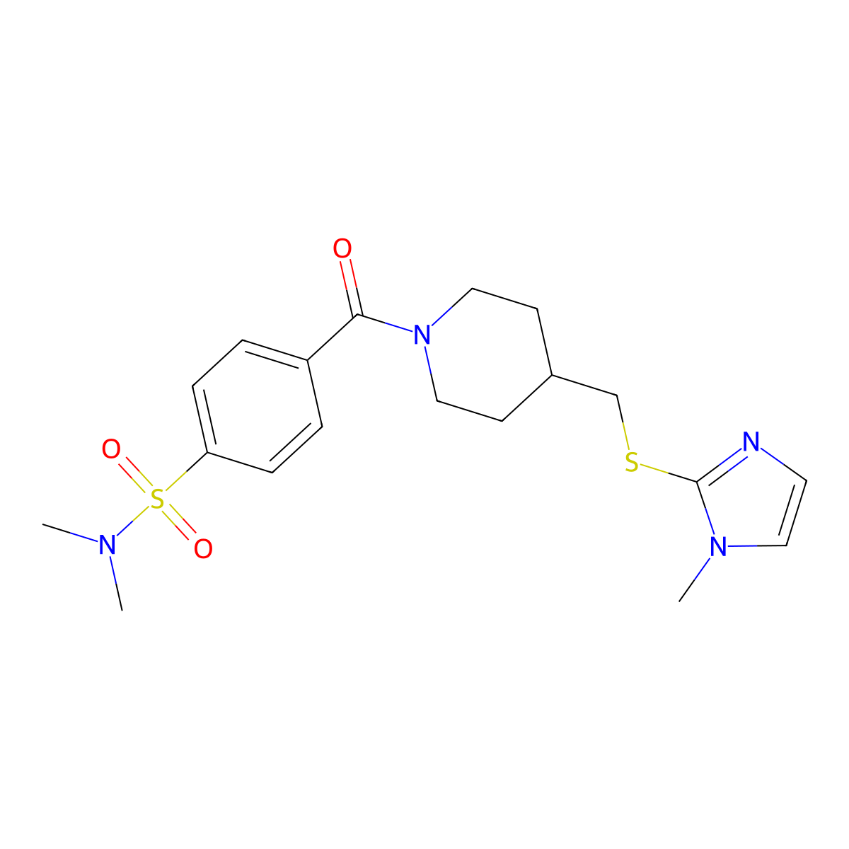 N,N-dimethyl-4-(4-(((1-methyl-1H-imidazol-2-yl)thio)methyl)piperidine-1-carbonyl)benzenesulfonamide molecular structure, CAS 1428358-05-7