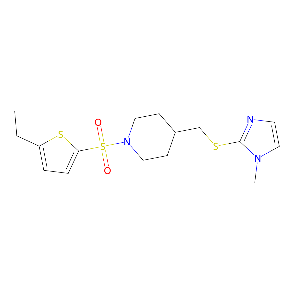 1-((5-ethylthiophen-2-yl)sulfonyl)-4-(((1-methyl-1H-imidazol-2-yl)thio)methyl)piperidine molecular structure, CAS 1428358-06-8