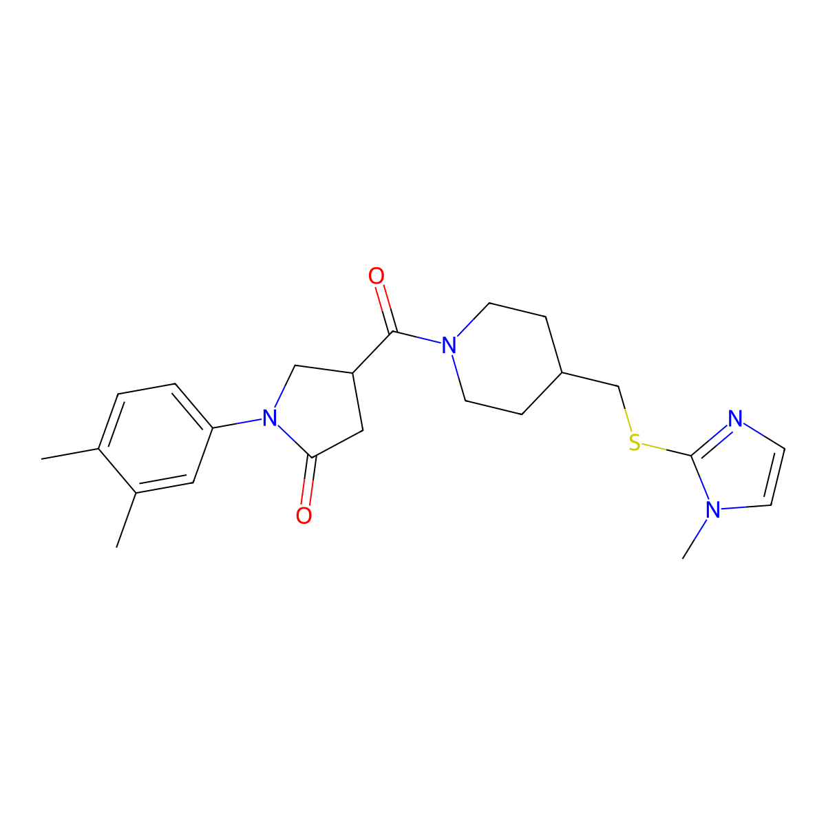 1-(3,4-dimethylphenyl)-4-(4-(((1-methyl-1H-imidazol-2-yl)thio)methyl)piperidine-1-carbonyl)pyrrolidin-2-one molecular structure, CAS 1428358-07-9