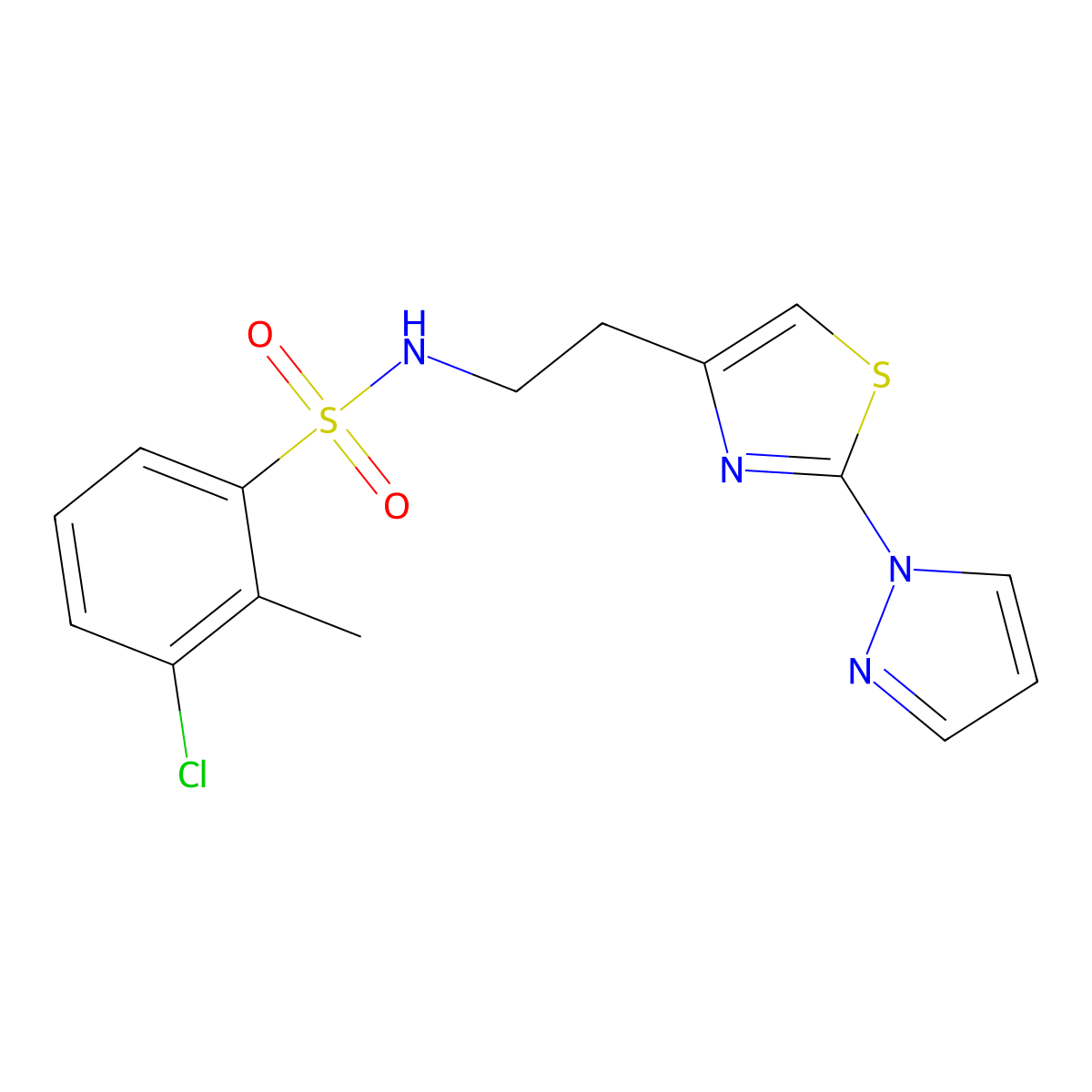 N-(2-(2-(1H-pyrazol-1-yl)thiazol-4-yl)ethyl)-3-chloro-2-methylbenzenesulfonamide molecular structure, CAS 1428358-11-5