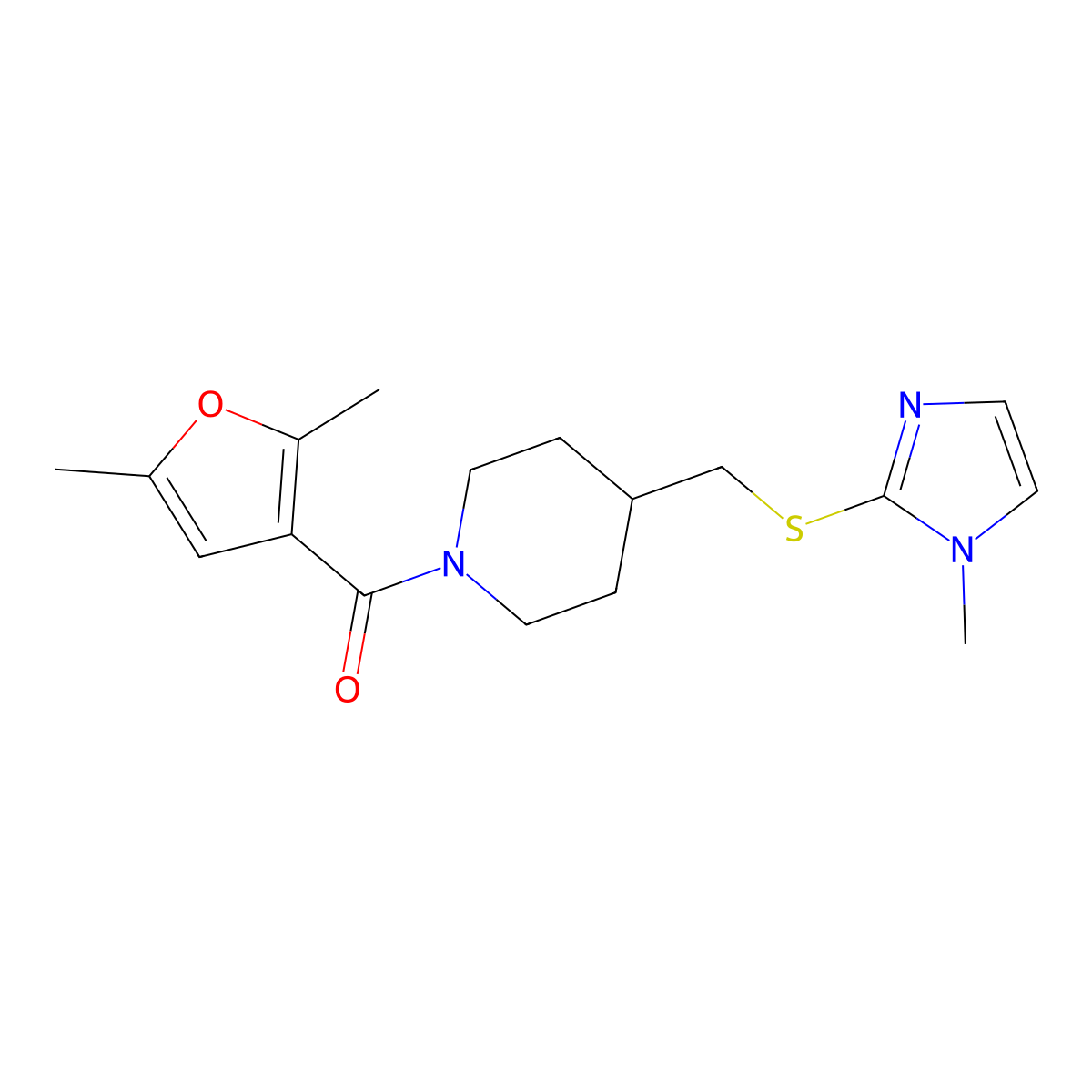 (2,5-dimethylfuran-3-yl)(4-(((1-methyl-1H-imidazol-2-yl)thio)methyl)piperidin-1-yl)methanone molecular structure, CAS 1428358-15-9