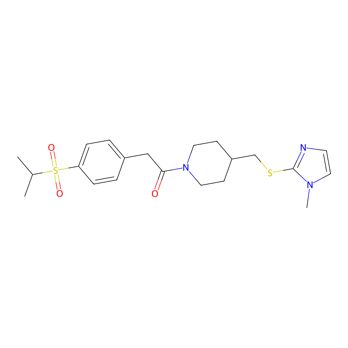 2-(4-(isopropylsulfonyl)phenyl)-1-(4-(((1-methyl-1H-imidazol-2-yl)thio)methyl)piperidin-1-yl)ethanone molecular structure, CAS 1428358-16-0