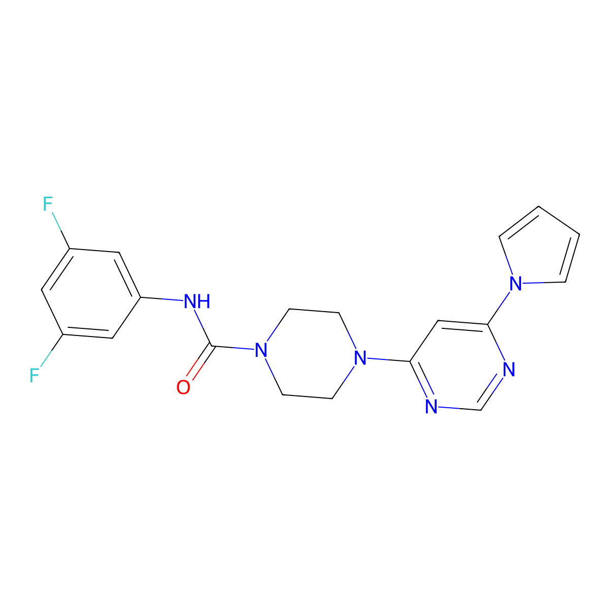 4-(6-(1H-pyrrol-1-yl)pyrimidin-4-yl)-N-(3,5-difluorophenyl)piperazine-1-carboxamide molecular structure, CAS 1428358-19-3