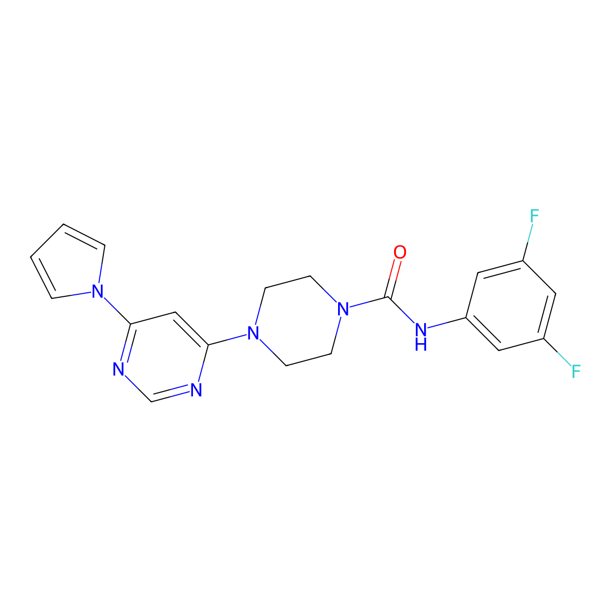 4-(6-(1H-pyrrol-1-yl)pyrimidin-4-yl)-N-(3,5-difluorophenyl)piperazine-1-carboxamide molecular structure, CAS 1428358-19-3