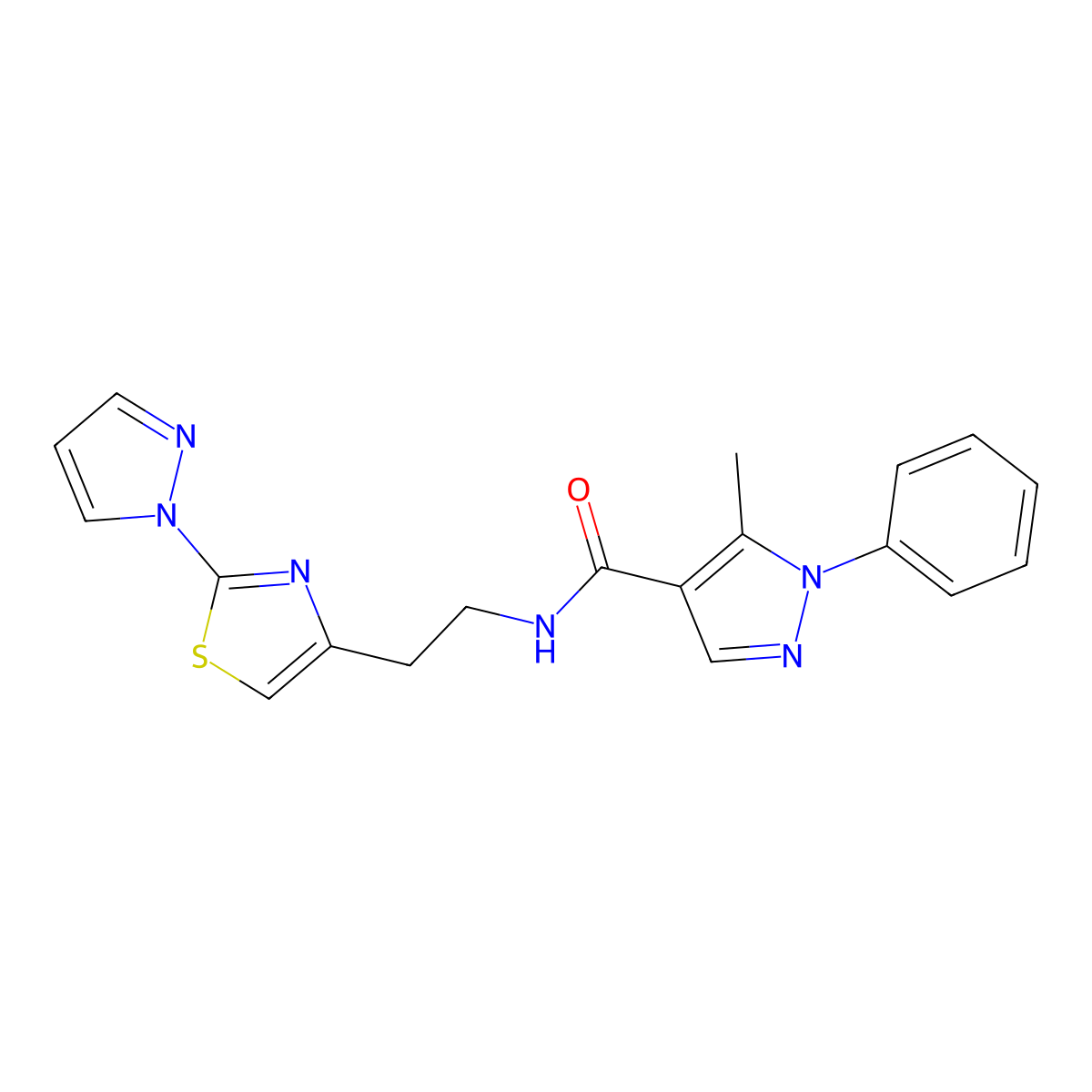 N-(2-(2-(1H-pyrazol-1-yl)thiazol-4-yl)ethyl)-5-methyl-1-phenyl-1H-pyrazole-4-carboxamide molecular structure, CAS 1428358-20-6