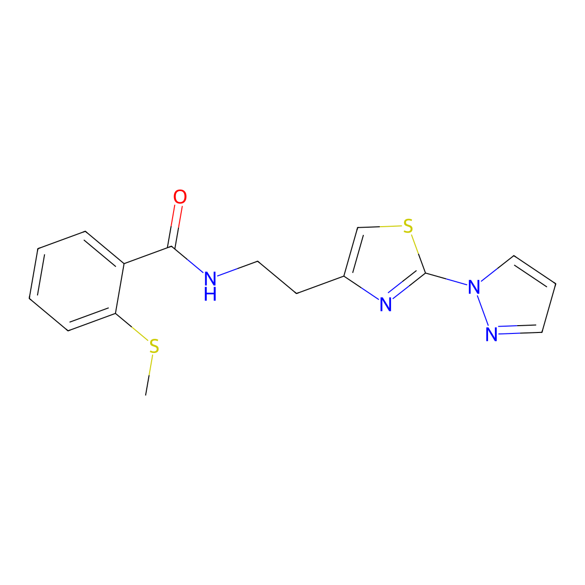 N-(2-(2-(1H-pyrazol-1-yl)thiazol-4-yl)ethyl)-2-(methylthio)benzamide molecular structure, CAS 1428358-26-2