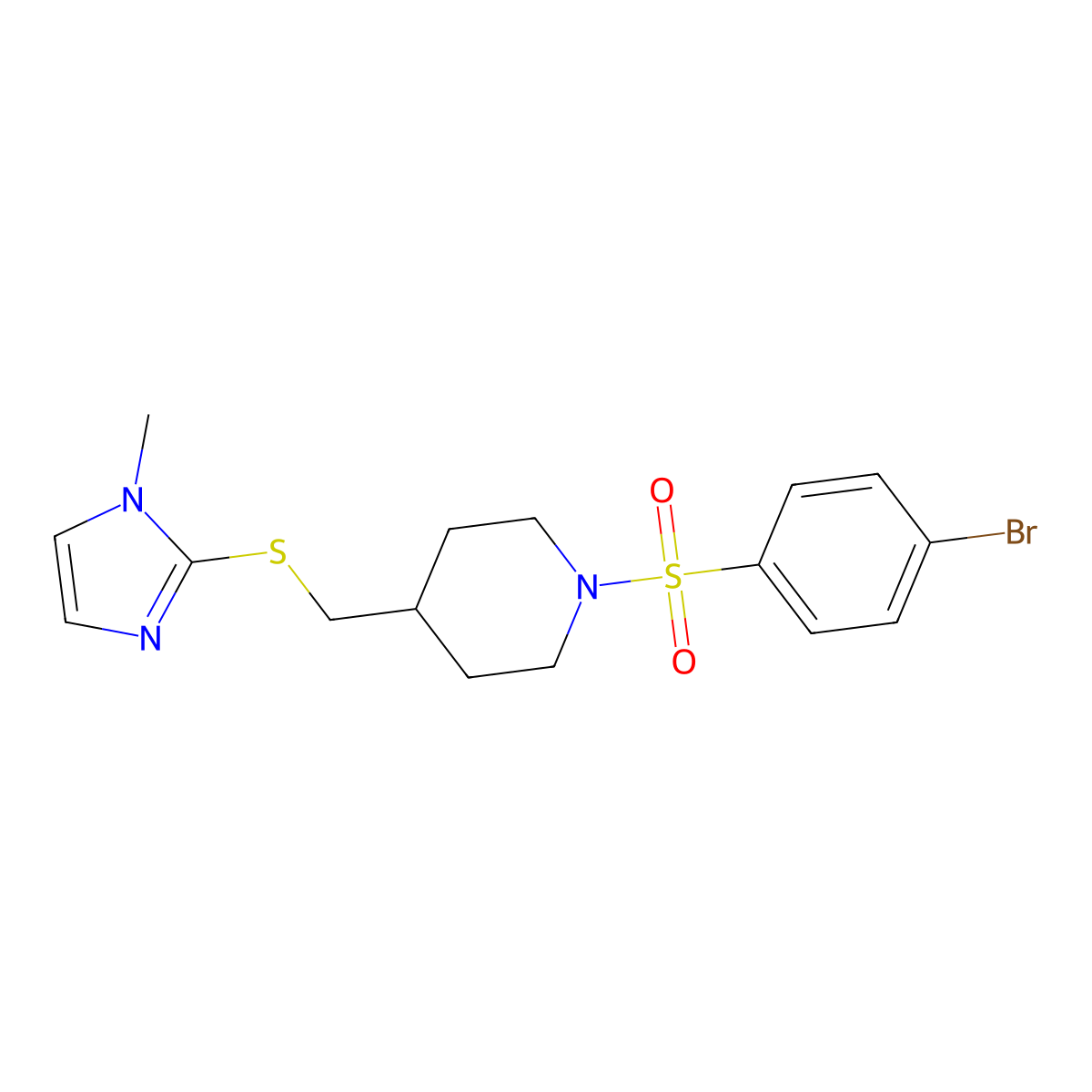 1-((4-bromophenyl)sulfonyl)-4-(((1-methyl-1H-imidazol-2-yl)thio)methyl)piperidine molecular structure, CAS 1428358-27-3