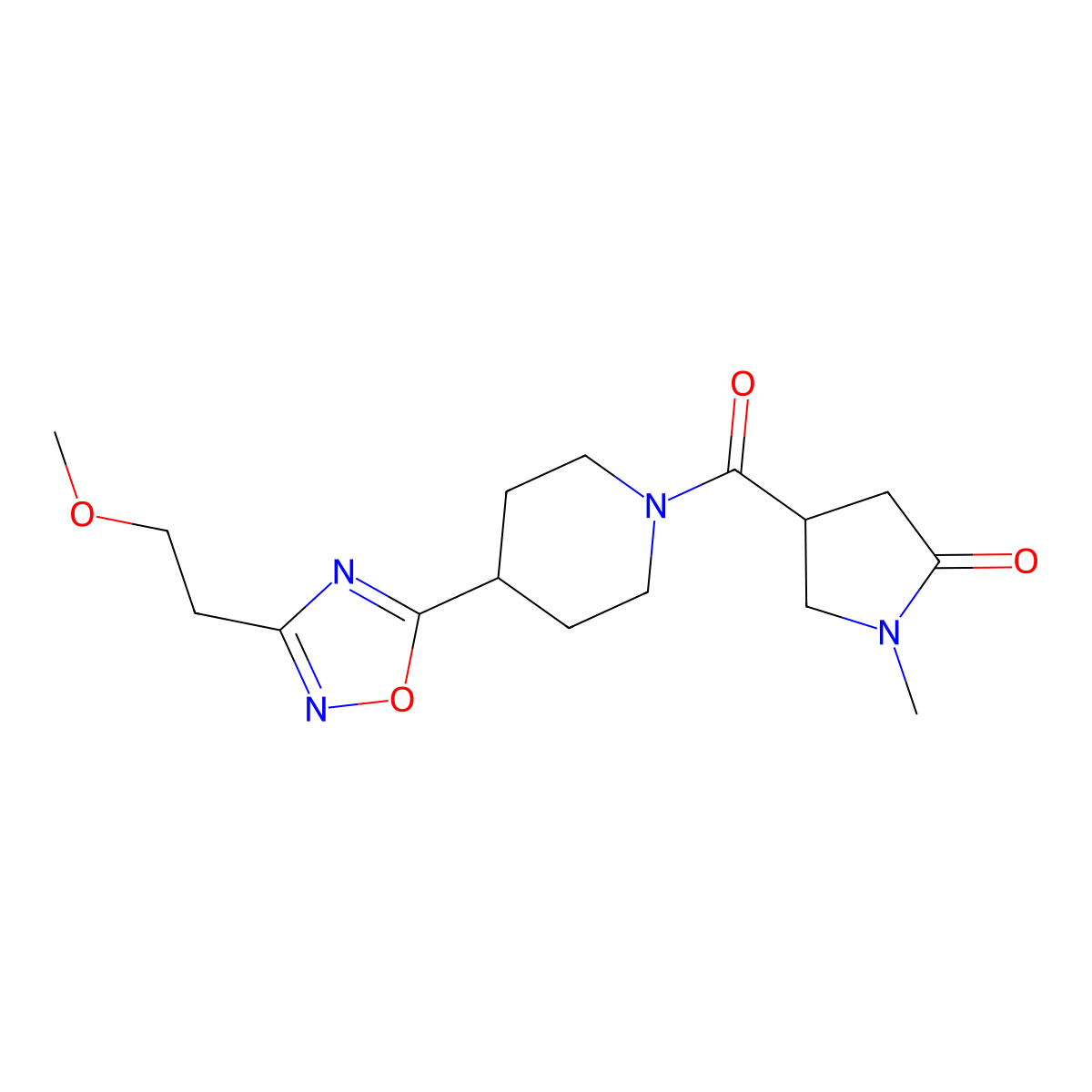 4-(4-(3-(2-Methoxyethyl)-1,2,4-oxadiazol-5-yl)piperidine-1-carbonyl)-1-methylpyrrolidin-2-one molecular structure, CAS 1428358-44-4