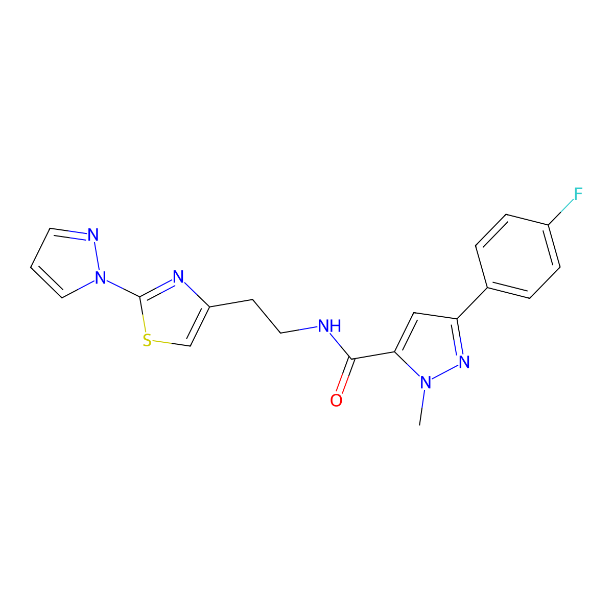 N-(2-(2-(1H-pyrazol-1-yl)thiazol-4-yl)ethyl)-3-(4-fluorophenyl)-1-methyl-1H-pyrazole-5-carboxamide molecular structure, CAS 1428358-50-2