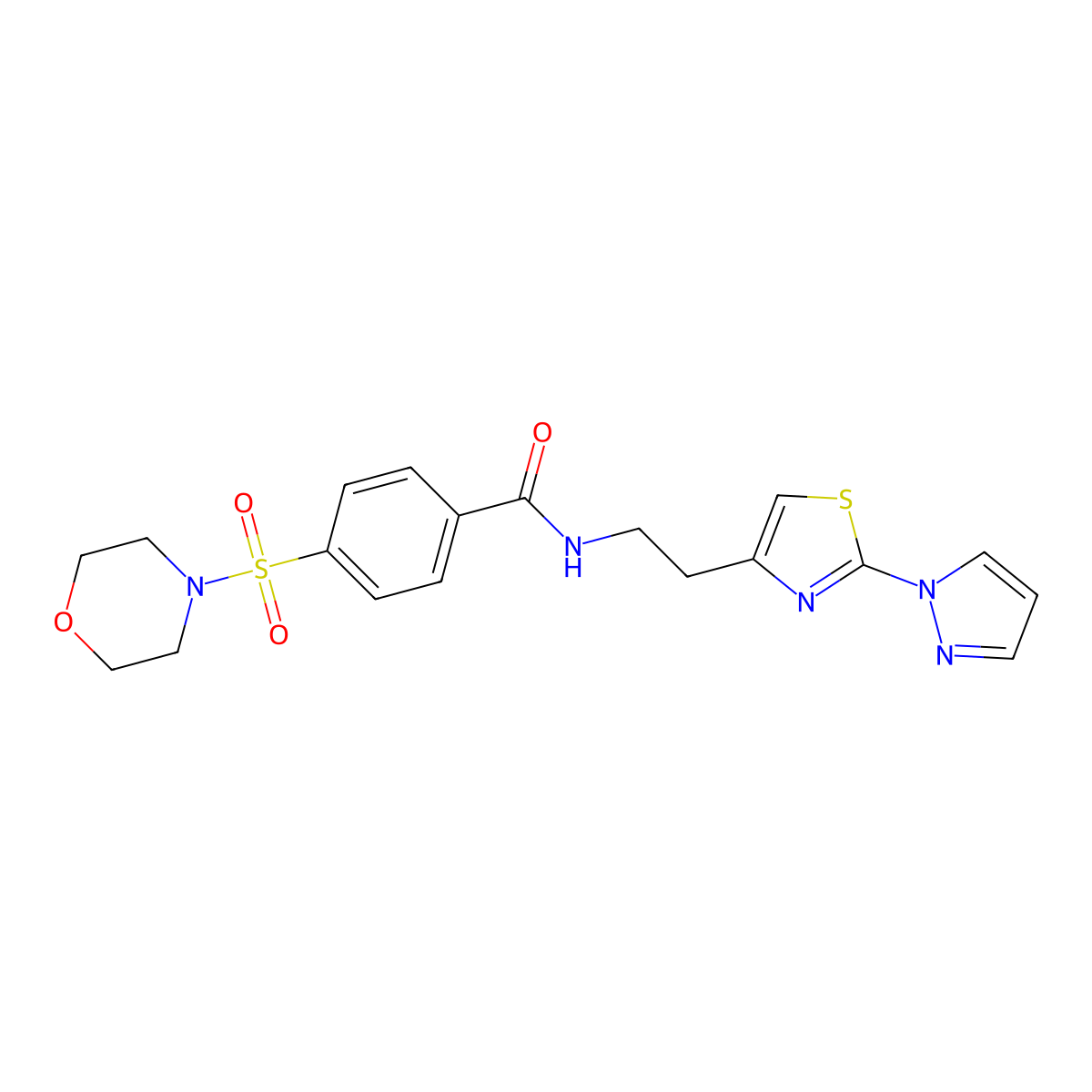 N-(2-(2-(1H-pyrazol-1-yl)thiazol-4-yl)ethyl)-4-(morpholinosulfonyl)benzamide molecular structure, CAS 1428358-77-3