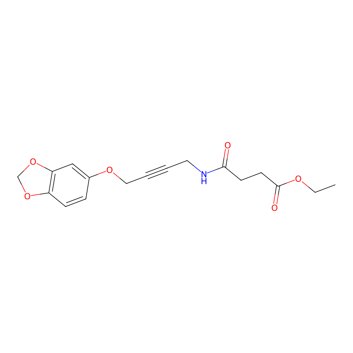 Ethyl 4-((4-(benzo[d][1,3]dioxol-5-yloxy)but-2-yn-1-yl)amino)-4-oxobutanoate molecular structure, CAS 1428358-79-5