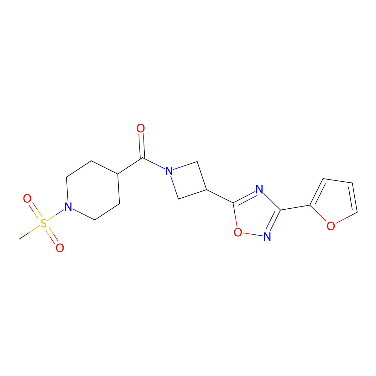 (3-(3-(Furan-2-yl)-1,2,4-oxadiazol-5-yl)azetidin-1-yl)(1-(methylsulfonyl)piperidin-4-yl)methanone molecular structure, CAS 1428358-81-9