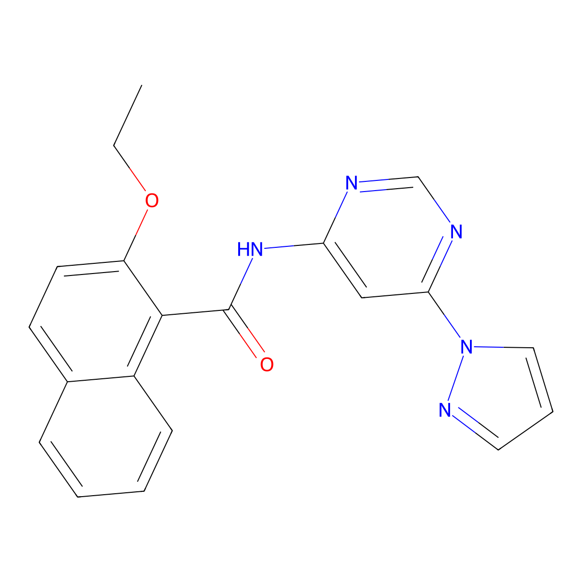 N-(6-(1H-pyrazol-1-yl)pyrimidin-4-yl)-2-ethoxy-1-naphthamide molecular structure, CAS 1428358-84-2