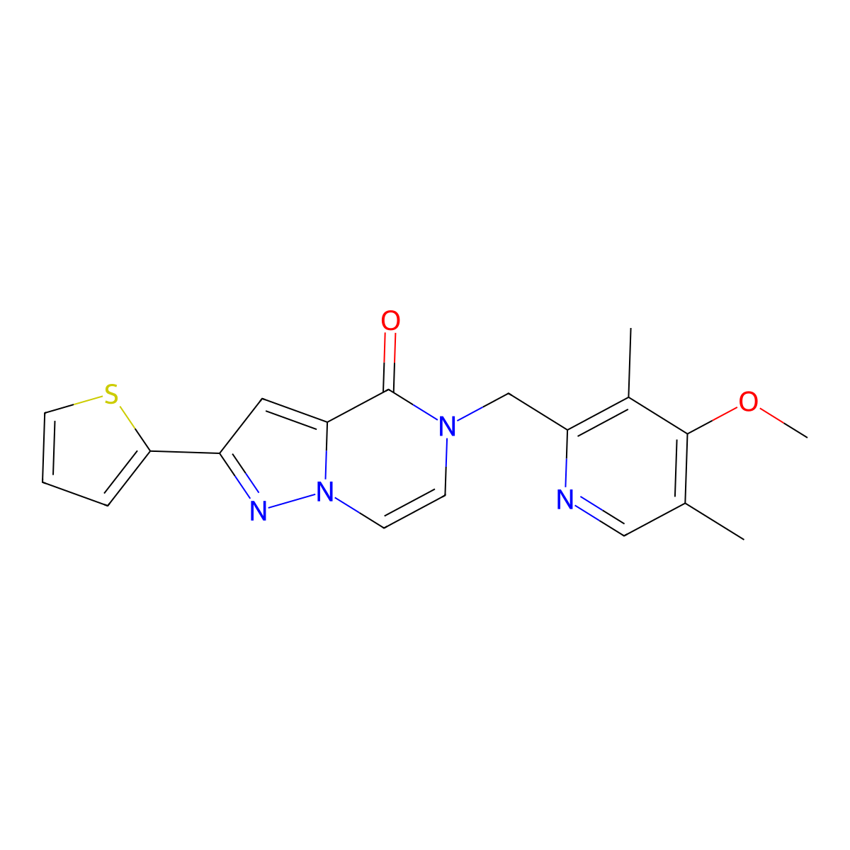 5-((4-methoxy-3,5-dimethylpyridin-2-yl)methyl)-2-(thiophen-2-yl)pyrazolo[1,5-a]pyrazin-4(5H)-one molecular structure, CAS 1428358-96-6