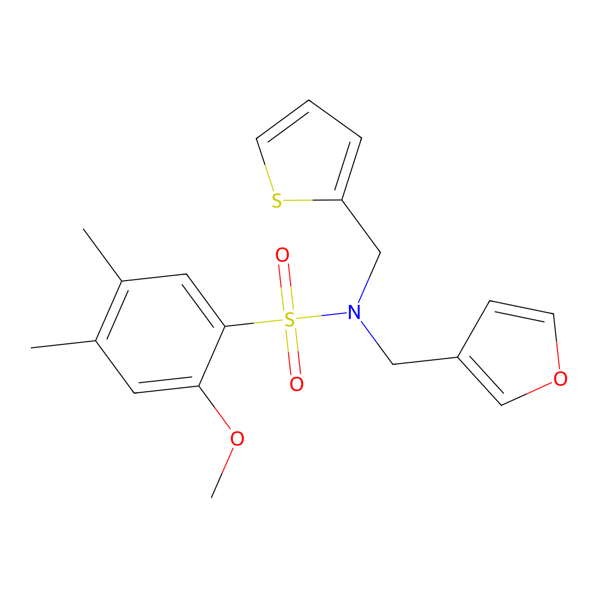 N-(furan-3-ylmethyl)-2-methoxy-4,5-dimethyl-N-(thiophen-2-ylmethyl)benzenesulfonamide molecular structure, CAS 1428358-99-9