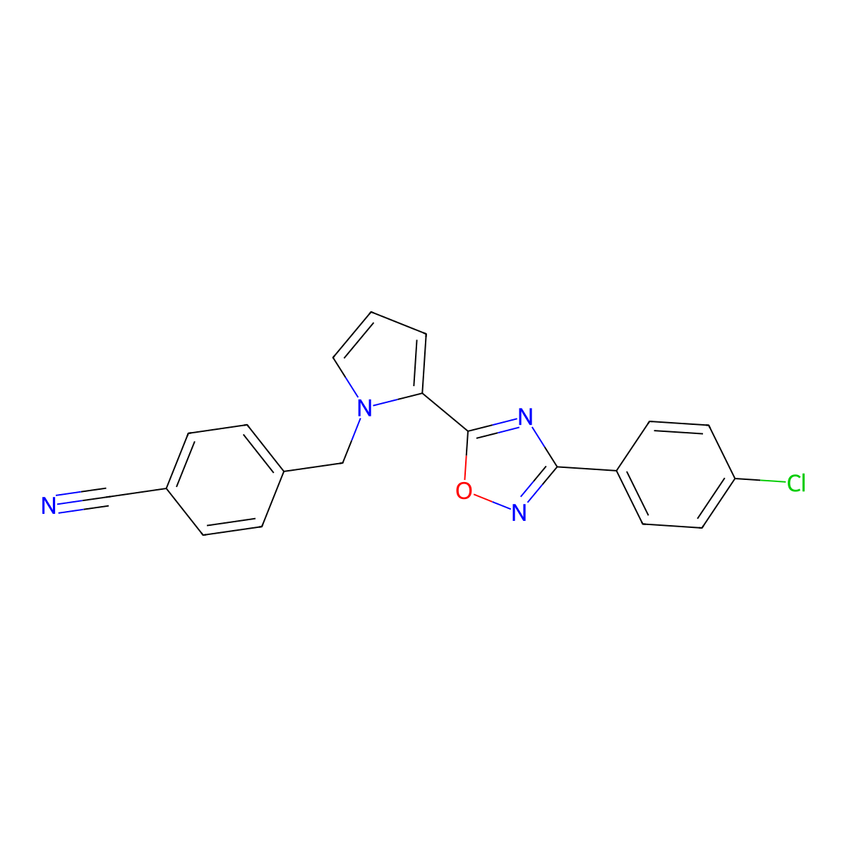 4-((2-(3-(4-chlorophenyl)-1,2,4-oxadiazol-5-yl)-1H-pyrrol-1-yl)methyl)benzonitrile molecular structure, CAS 1428359-00-5