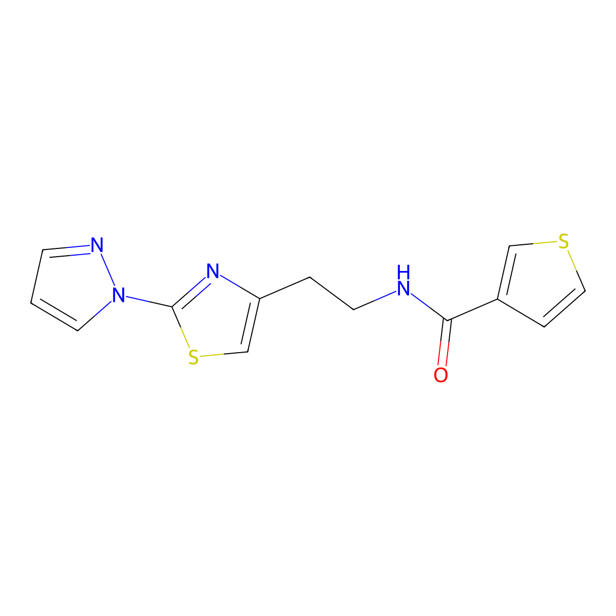 N-(2-(2-(1H-pyrazol-1-yl)thiazol-4-yl)ethyl)thiophene-3-carboxamide molecular structure, CAS 1428359-03-8