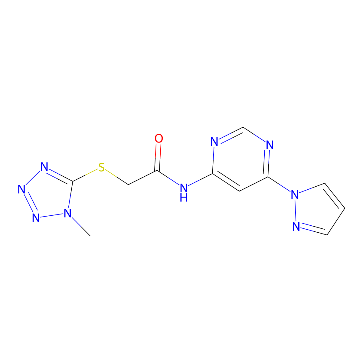 N-(6-(1H-pyrazol-1-yl)pyrimidin-4-yl)-2-((1-methyl-1H-tetrazol-5-yl)thio)acetamide molecular structure, CAS 1428359-04-9