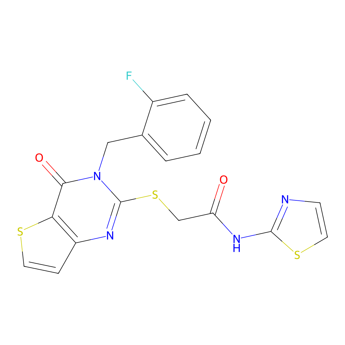 2-((3-(2-fluorobenzyl)-4-oxo-3,4-dihydrothieno[3,2-d]pyrimidin-2-yl)thio)-N-(thiazol-2-yl)acetamide molecular structure, CAS 1428359-08-3