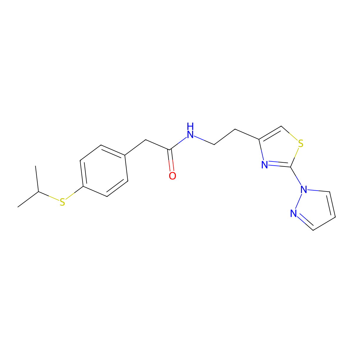 N-(2-(2-(1H-pyrazol-1-yl)thiazol-4-yl)ethyl)-2-(4-(isopropylthio)phenyl)acetamide molecular structure, CAS 1428359-12-9