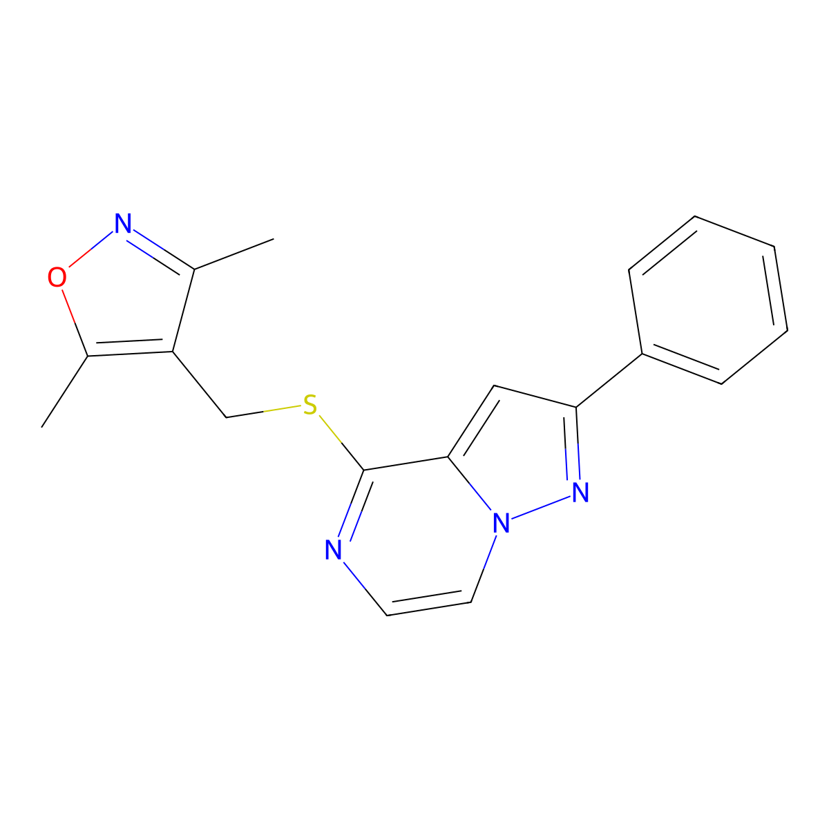 3,5-Dimethyl-4-(((2-phenylpyrazolo[1,5-a]pyrazin-4-yl)thio)methyl)isoxazole molecular structure, CAS 1428359-14-1