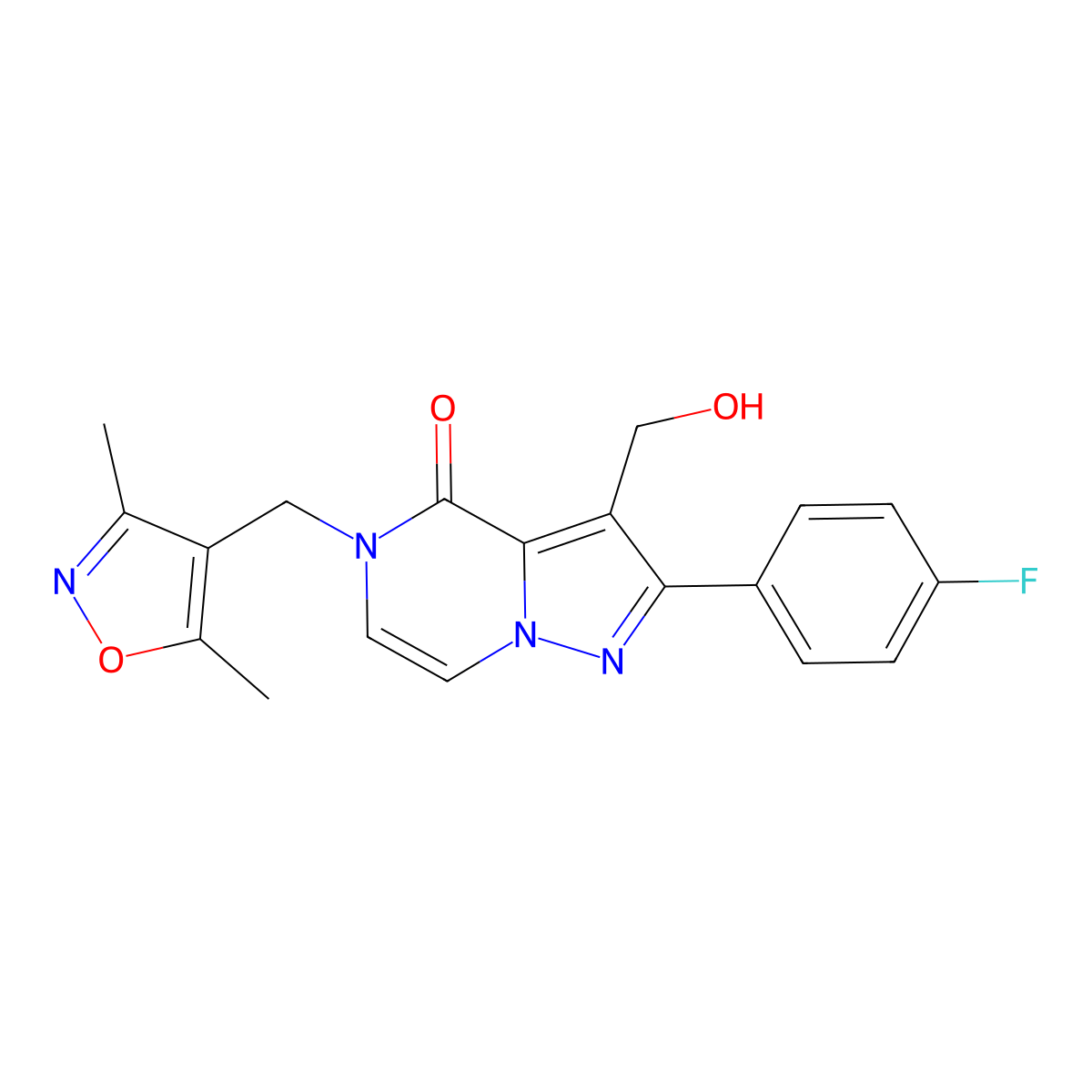5-((3,5-dimethylisoxazol-4-yl)methyl)-2-(4-fluorophenyl)-3-(hydroxymethyl)pyrazolo[1,5-a]pyrazin-4(5H)-one molecular structure, CAS 1428359-34-5