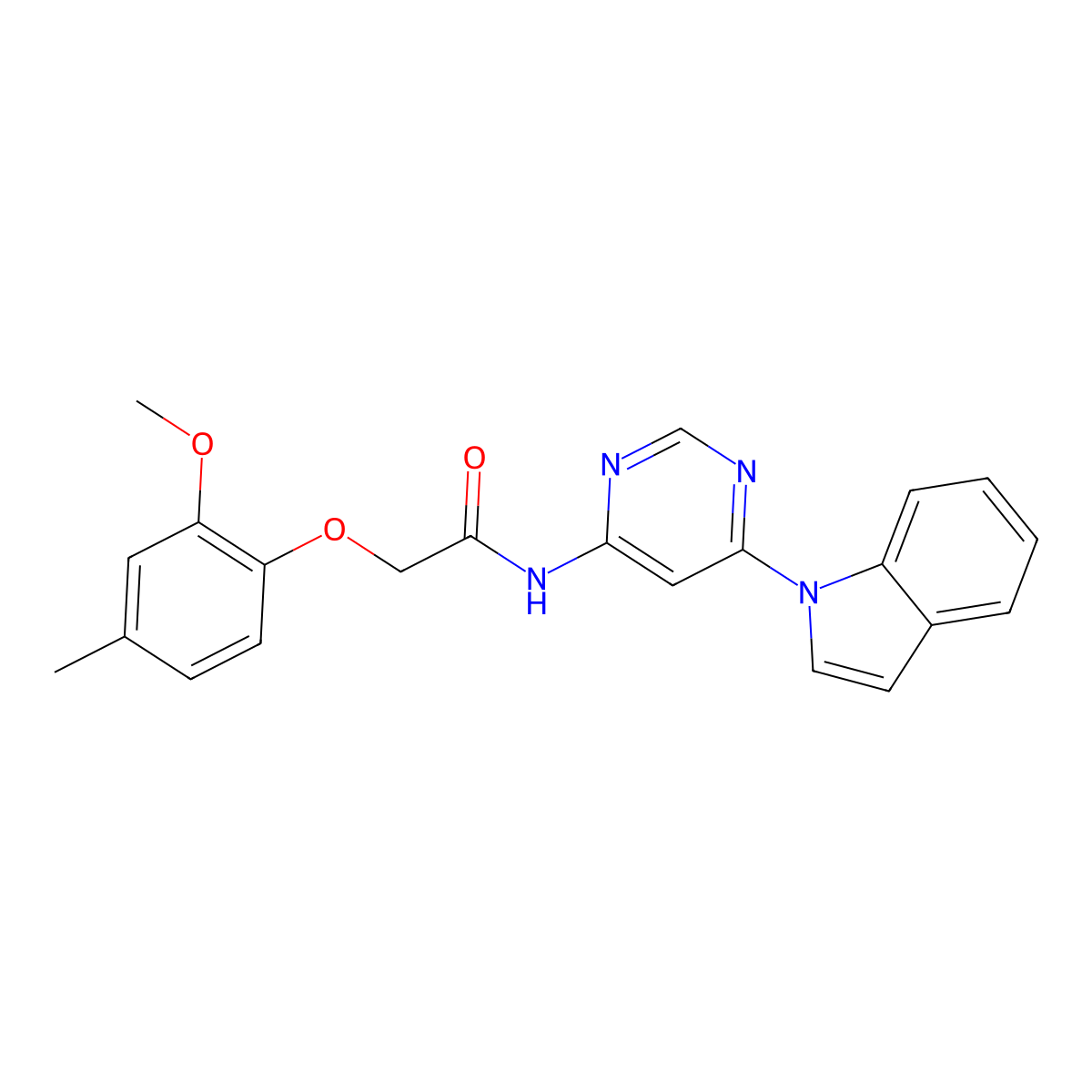N-(6-(1H-indol-1-yl)pyrimidin-4-yl)-2-(2-methoxy-4-methylphenoxy)acetamide molecular structure, CAS 1428359-39-0
