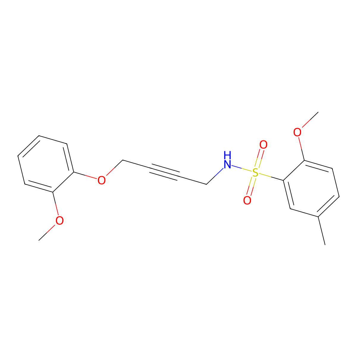 2-methoxy-N-(4-(2-methoxyphenoxy)but-2-yn-1-yl)-5-methylbenzenesulfonamide molecular structure, CAS 1428359-60-7