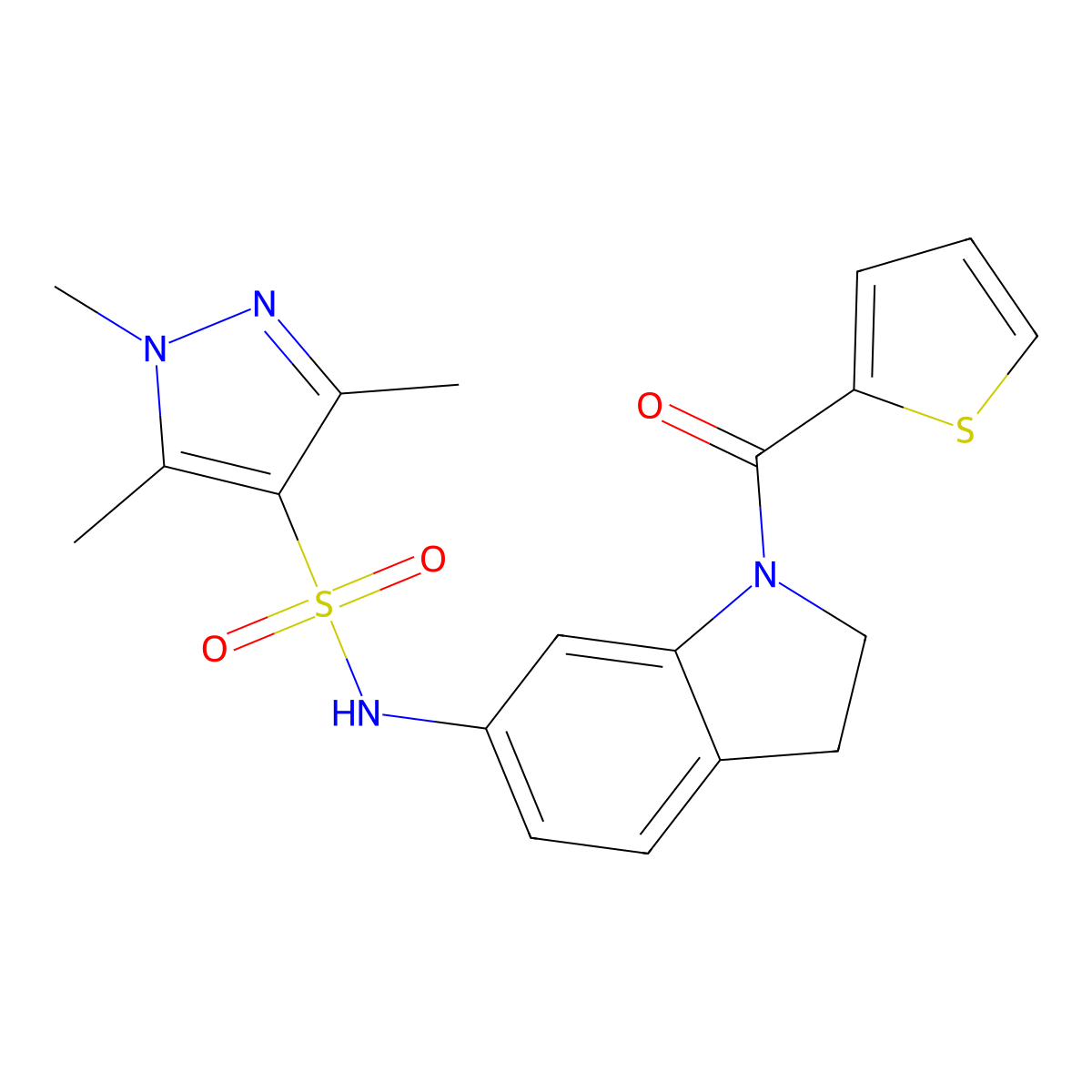 1,3,5-trimethyl-N-(1-(thiophene-2-carbonyl)indolin-6-yl)-1H-pyrazole-4-sulfonamide molecular structure, CAS 1428359-77-6