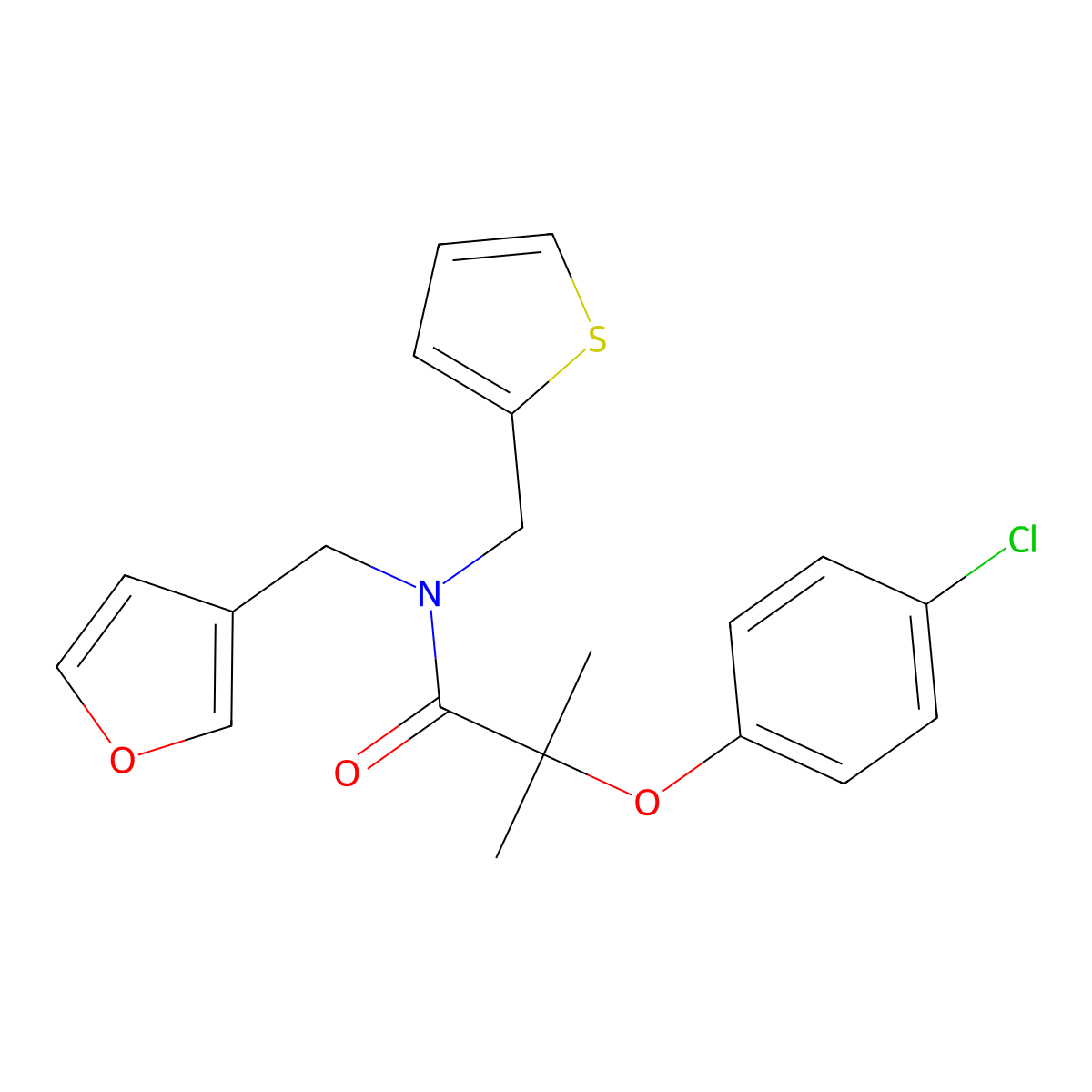 2-(4-chlorophenoxy)-N-(furan-3-ylmethyl)-2-methyl-N-(thiophen-2-ylmethyl)propanamide molecular structure, CAS 1428359-78-7