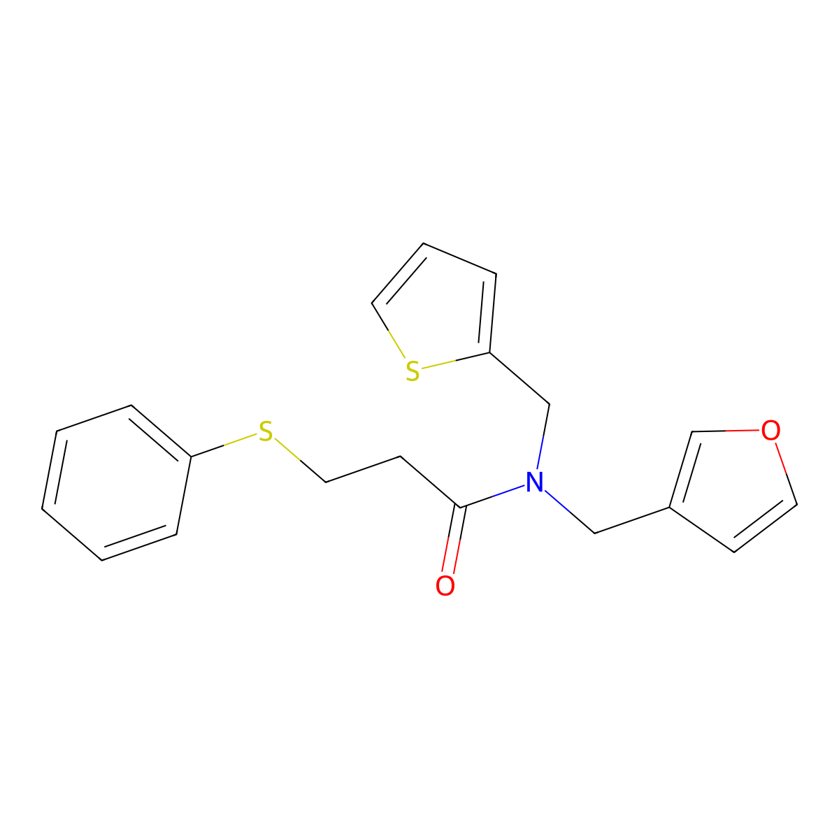 N-(furan-3-ylmethyl)-3-(phenylthio)-N-(thiophen-2-ylmethyl)propanamide molecular structure, CAS 1428359-88-9