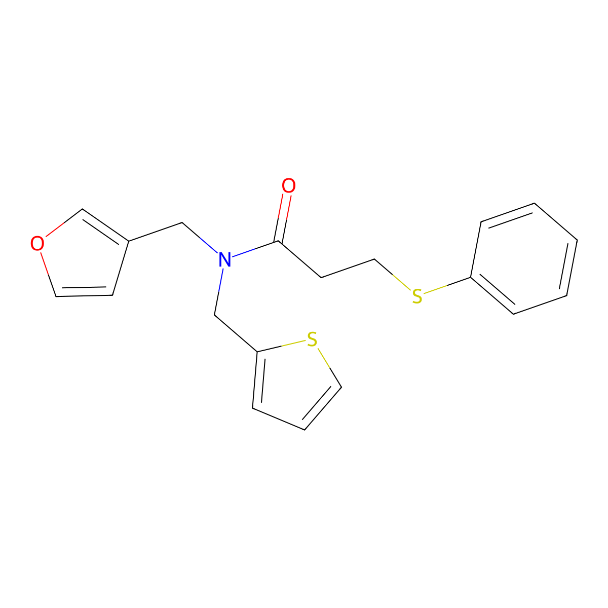N-(furan-3-ylmethyl)-3-(phenylthio)-N-(thiophen-2-ylmethyl)propanamide molecular structure, CAS 1428359-88-9